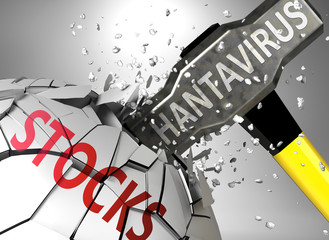Stocks and hantavirus, symbolized by virus destroying word Stocks to picture that hantavirus affects Stocks and leads to crisis and  recession, 3d illustration