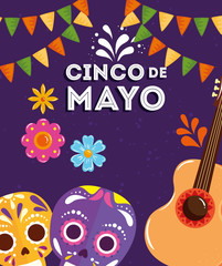 cinco de mayo poster with skulls and guitar vector illustration design