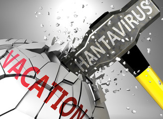 Vacation and hantavirus, symbolized by virus destroying word Vacation to picture that hantavirus affects Vacation and leads to crisis and  recession, 3d illustration