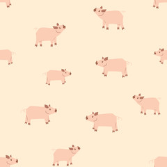 Pigs vector seamless pattern.  Cute farm pattern for kids on yellow background. Cartoon barn animals for wrapping paper, fabric, textile, wallpaper, home decor