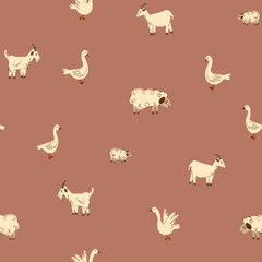Sheep, goose, goat seamless pattern.  Cute farm pattern for kids on red terracotta background. Cartoon barn animals for wrapping paper, fabric, textile, wallpaper, home decor