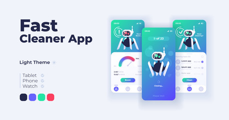 Fast cleaner app cartoon smartphone interface vector templates set. Mobile app screen page day mode design. Storage capacity and productivity management UI for application. Phone display