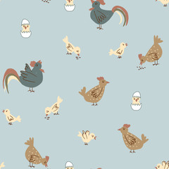 Chicken vector seamless pattern.  Cute farm pattern for kids on blue background. Cartoon chicken, hen, chick, egg, rooster for wrapping paper, fabric, textile, wallpaper, home decor