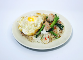 Stir Fried Kale with Rice and Fried Eggs on White Background, Thai Food
