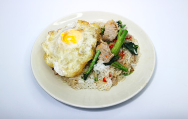 Stir Fried Kale with Rice and Fried Eggs on White Background, Thai Food