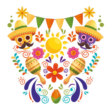 Skulls And Icons Traditional Of Cinco De Mayo Vector Illustration Design