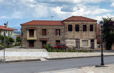 Naklejka premium Street with stone houses in the village close-up