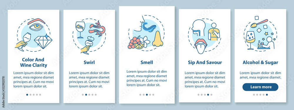 Poster wine tasting onboarding mobile app page screen with concepts. determine beverage smell and taste wal