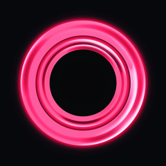 Pink neon round frame. Luminous swirling bunner. Glowing spiral. Light Ring background. Abstraction geometric neon circle. Shine LED ellipse 3D illustrator