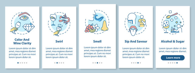 Obraz premium Wine tasting onboarding mobile app page screen with concepts. Determine beverage smell and taste walkthrough 5 steps graphic instructions. UI vector template with RGB color illustrations