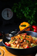 rustic bulgur pans with gratinated gyros and yoghurt