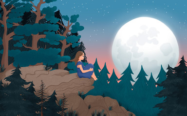 A girl sits on a rock on a moonlit night. Raster illustration.