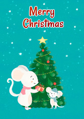 The mouse gives a gift to the mouse. New Year card. Mouse, symbol of the year. Merry Christmas.