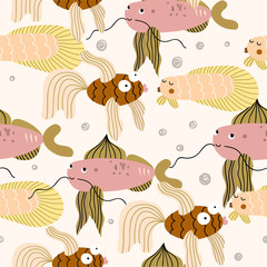 Cute decorative seamless  pattern with  fishes and scetch bubbles. Sea life abstract background for dresses,textiles, wallpapers, designer paper, etc