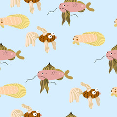 Cute seamless abstract  pattern with decorative fishes on the blue background.Sea life abstract background for dresses,textiles, wallpapers, designer paper, etc