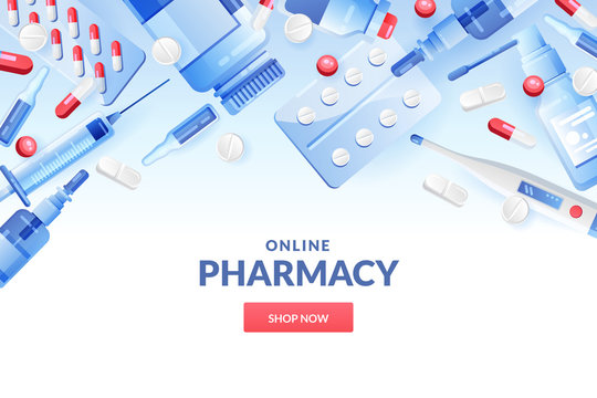 Medicine, pharmacy background. Drugstore banner design template with pills, drugs, medical bottles. Vector illustration