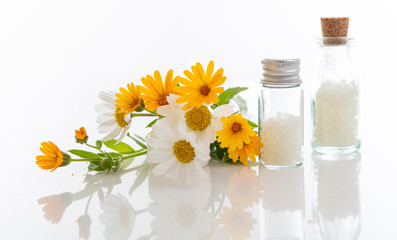Fototapeta na wymiar Wild flowers and homeopathic globules isolated on white background