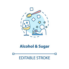 Alcohol and sugar concept icon. Sommelier tips, degustation advice idea thin line illustration. Evaluating wine by droplets in glass. Vector isolated outline RGB color drawing. Editable stroke