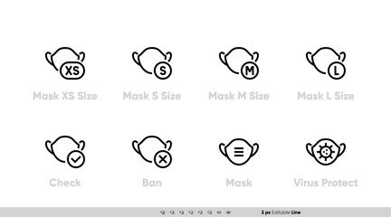 Different Sizes of Masks vector icon set. Size XS, S, M, L, Check, Ban and Virus Protection. Editable Line