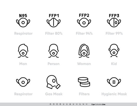 Breathing Medical Respiratory Class N95, FFP1, FFP2, FFP3 icons set. Virus and Dust Protection. Corona Masks. Anti-dust, flue, against viruses flue, aviaire, SARS, corona, COVID-19.