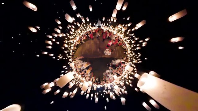 Many Peoples Release Flying Sky Lanterns Floating To The Sky In Yee Peng Lanna International Festival, Destination Travel Of Chiang Mai, Thailand (planet view)