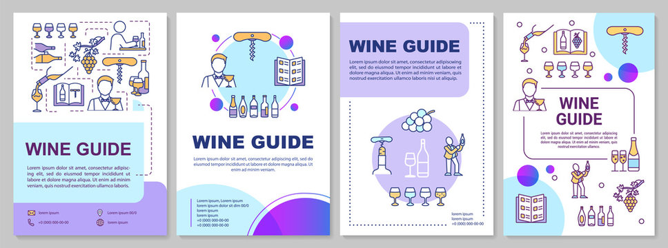 Wine guide brochure template. Beverage restaurant list. Flyer, booklet, leaflet print, cover design with linear icons. Vector layouts for magazines, annual reports, advertising posters