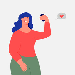 A girl photographs herself on the phone. Selfie Photo for social network. Vector. Flat cartoon style. Isolated on a white background.