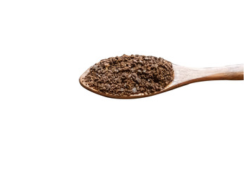 Wooden spoon have powder coffee on white background with clipping path.
