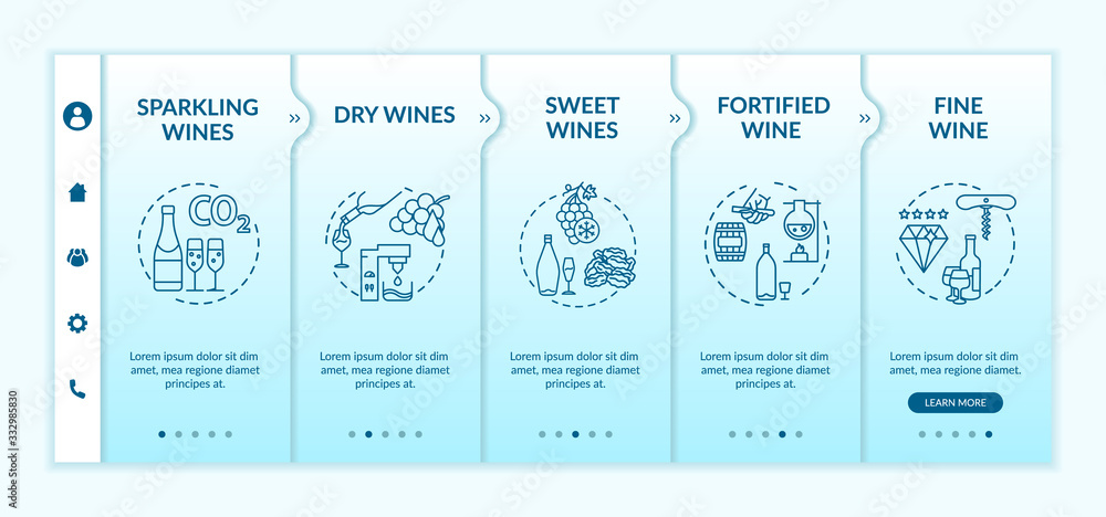 Poster wine types onboarding vector template. sparkling alcohol drink. dry and sweet wines. winemaking manu