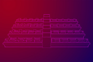 Fototapeta premium Conveyor belt section with pack boxes. Factory production equipment. Wireframe low poly mesh vector illustration