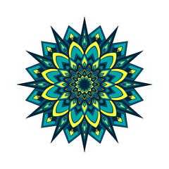 Turquoise and yellow round mandala isolated on white background. Vector illustration
