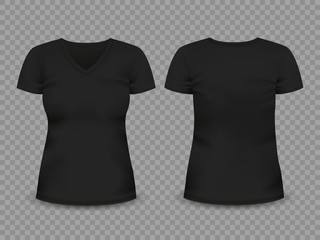 Black V-neck woman's t-shirt. Vector template.