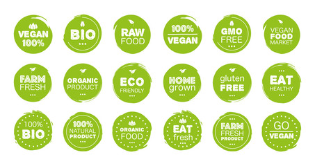 Mega collection fresh healthy organic vegan food eat logo labels and tags the different design and green color. Vector hand drawn objects