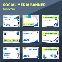 Set of rectangular banners for social network post. Banners in geometric style for post, flyers, coupons, gift cards. Easy to edit. Vector template. 