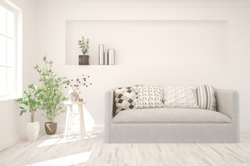 White living room with sofa. Scandinavian interior design. 3D illustration