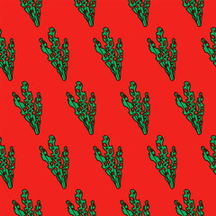 Tropical leaves leaves flat hand drawn seamless pattern. Botanical vector colorful background. Tropical palm branches of textile ornament. Illustration of a plant on a red background.