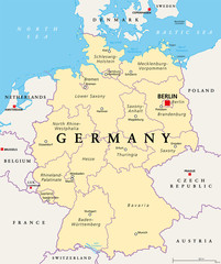 Fototapeta na wymiar Germany, political map. States of the Federal Republic of Germany with capital Berlin and 16 partly-sovereign states. Country in Central and Western Europe. English labeling. Illustration. Vector.