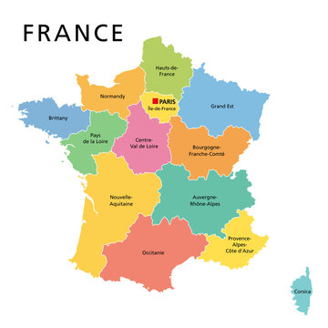 France, political map with multicolored regions of Metropolitan France. French Republic, capital Paris, administrative regions and prefectures on the mainland of Europe. English. Illustration. Vector.