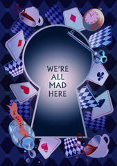 Alice in Wonderland. Playing cards, pocket watch, key, cup and poison falling down the rabbit hole. Frame. We are mad here. Vector background - obrazy, fototapety, plakaty