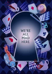 Foto op Aluminium Alice in Wonderland. Playing cards, pocket watch, key, cup and poison falling down the rabbit hole. Frame. We are mad here. Vector background © svetlanasmirnova