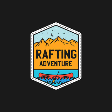 Vintage rafting adventure patch logo, wilderness badge. Hand drawn sticker design. Travel expedition, lake life label. Outdoor wanderlust emblem with canoe. Stock vector.