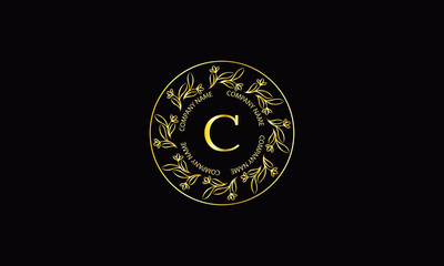 Round floral monogram with letter C on dark background. Elegant, ornamental calligraphic logo for business sign, restaurant, royalty, boutique, cafe, hotel.