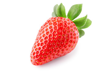 Red strawberry fruit with green leaves isolated on white background. Clipping path.