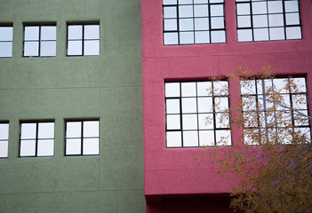 many windows in colorful buildings