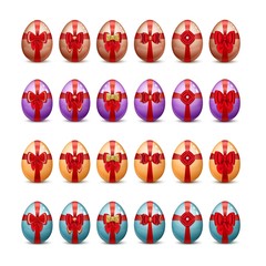 Happy Easter - A set of painted Easter eggs with red bows and ribbons, lace and precious stones. Shiny multi-colored chicken eggs. Realistic style. Isolated on white background. Vector illustration