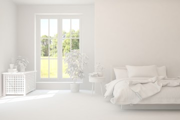 Modern bedroom in white color. Scandinavian interior design. 3D illustration