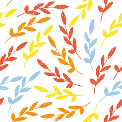 Fototapeta na wymiar Colorful twigs with leaves on white background, seamless vector pattern.