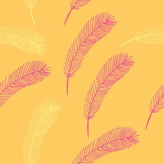 Tropical palm leaves on orange background seamless vector pattern.