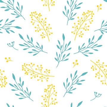 Floral pattern of yellow Mimosa flowers and green branches with leaves on white background, seamless vector illustration.