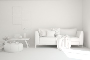 White minimalist living room with sofa. Scandinavian interior design. 3D illustration